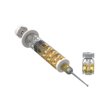 Syringe with yellow liquid and a small vial on a white background