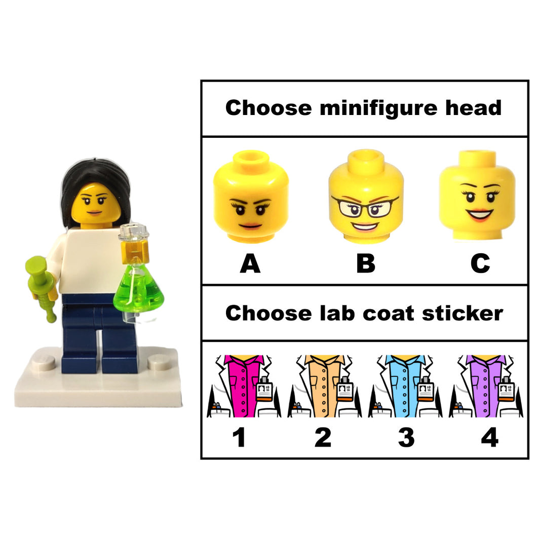 Custom LEGO® Lab Set - Female Scientist Minifigure with Micropipette and Flask | Gift for Chemists, Biologists, Medical Lab Technicians, and Science Enthusiasts