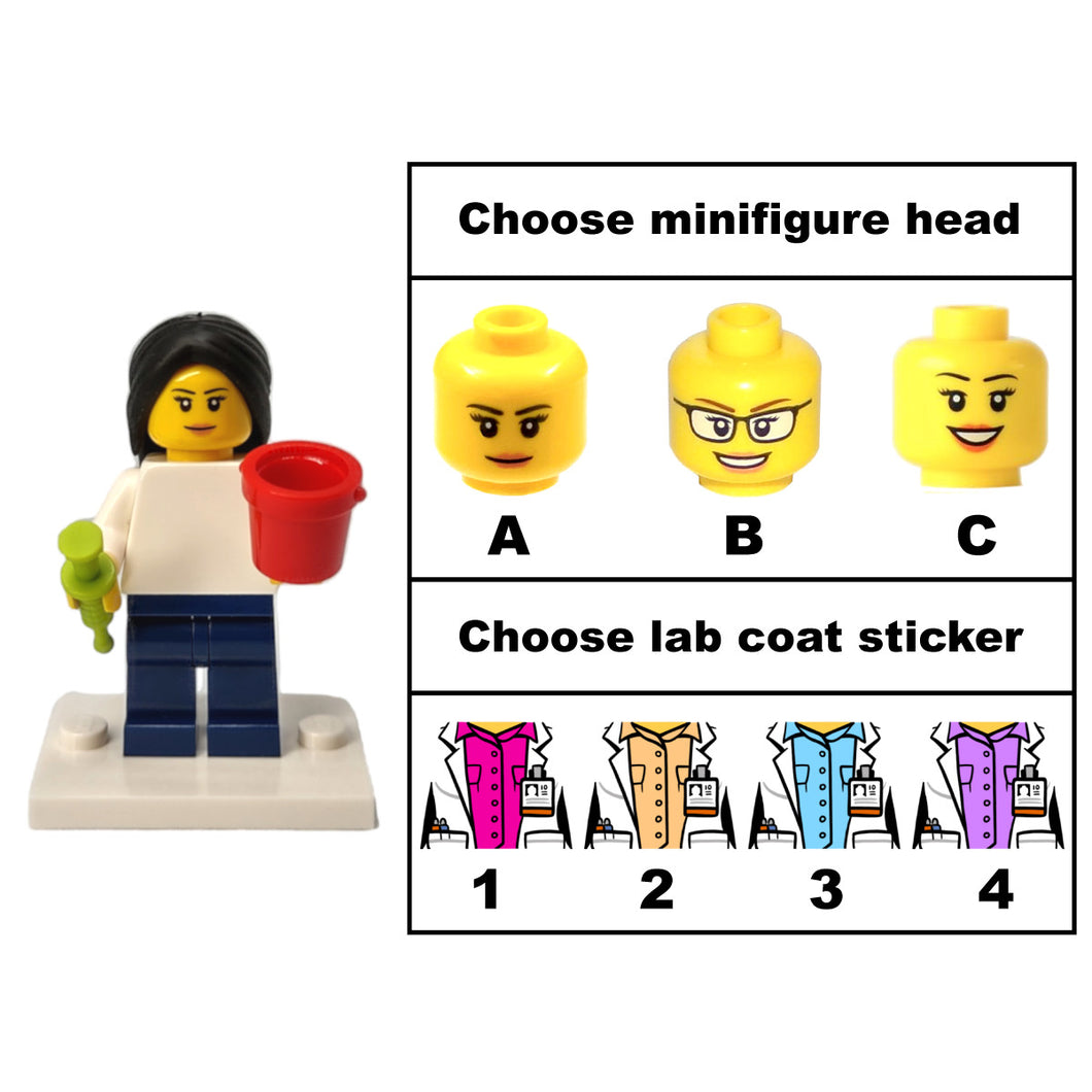 Custom LEGO® Lab Set - Female Scientist Minifigure with Micropipette and Lab Ice Bucket | Gift for Biologists, Chemists, Medical Lab Technicians, and Biology Enthusiasts