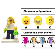 LEGO minifigure customization options with heads and lab coat stickers on a white background