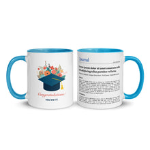 Graduation-themed mug with floral design and text on a white background