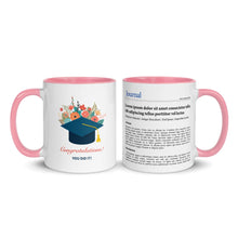 Two mugs with pink handles, one featuring a graduation cap design and the other with journal paper.