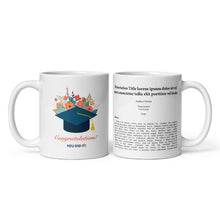 Graduation-themed mug with floral cap design and thesis on a white background