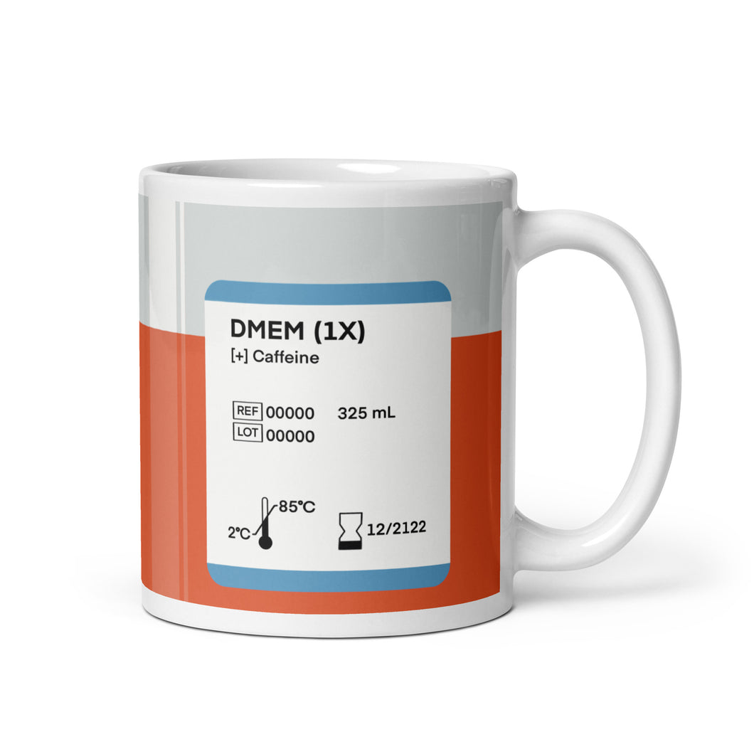 Cell Media DMEM [+] Caffeine White Glossy Mug | Gift for Cell Biologists